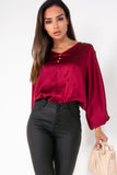 Clare Wine Satin Batwing Sleeve Top
