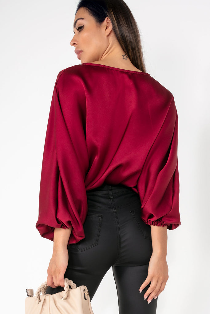 Clare Wine Satin Batwing Sleeve Top