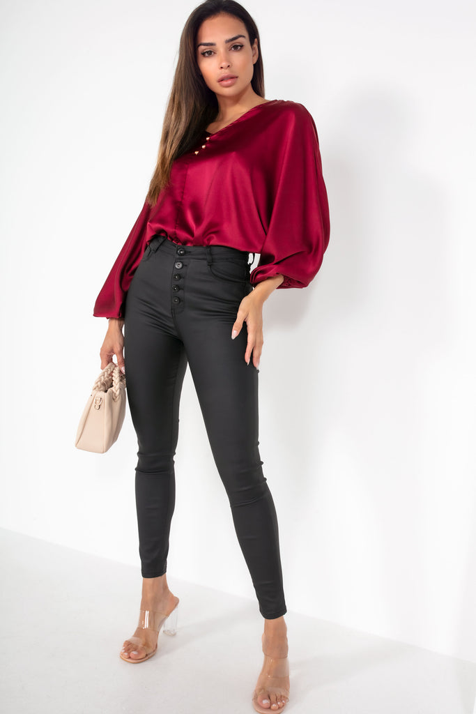 Clare Wine Satin Batwing Sleeve Top