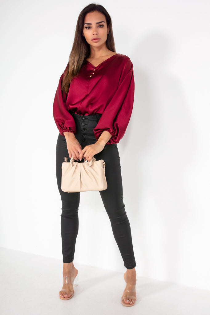 Clare Wine Satin Batwing Sleeve Top