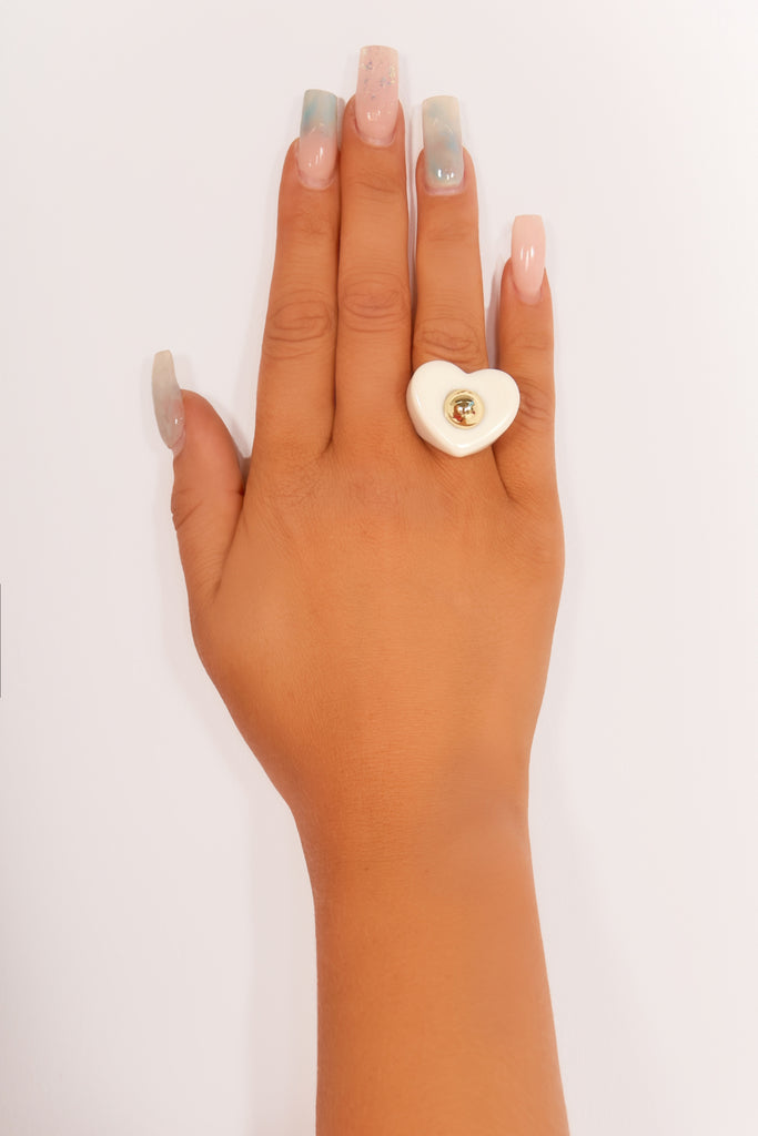 Cream Heart Ring With Gold Stud