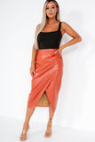 Eliot Orange Faux Leather Midi Skirt