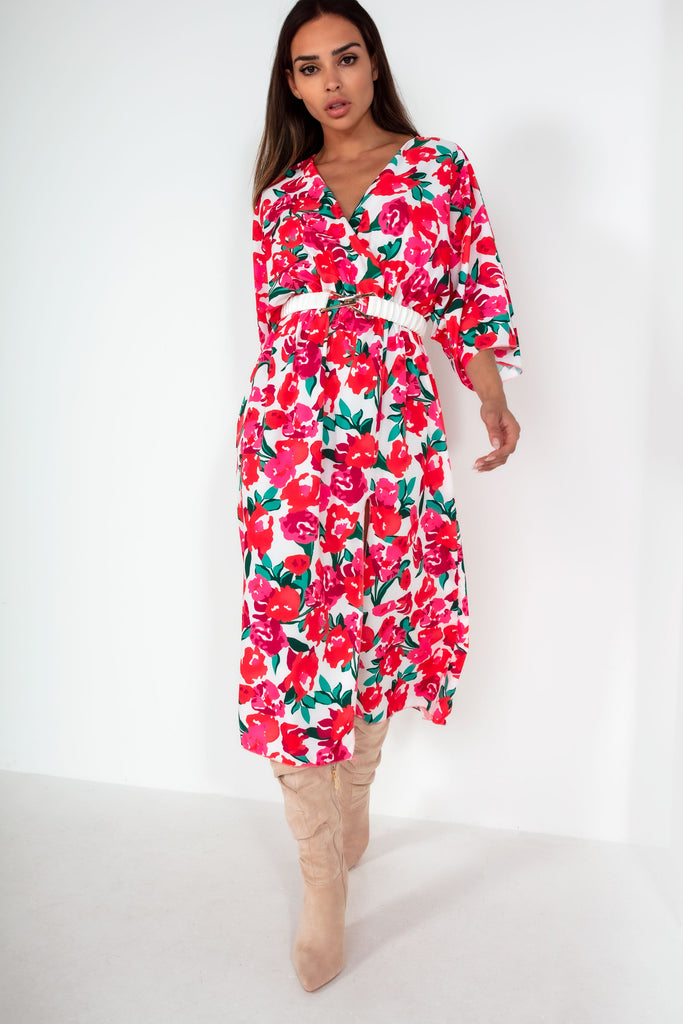 Elva White and Pink Floral Midi Dress
