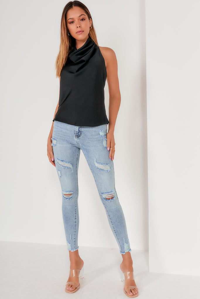 Felicia Black High Cowl Neck Top