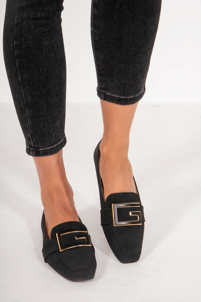 Frona Black Suedette Buckle Loafers