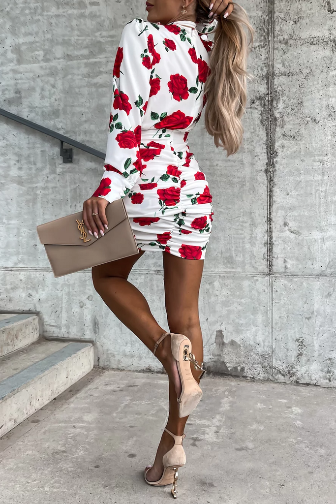 Janiyah Cream and Red Floral Ruched Dress