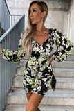 Janiyah Black and Green Floral Ruched Dress