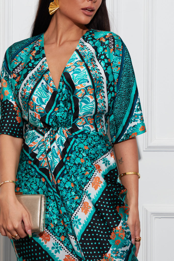 Girl In Mind Siena Teal Mixed Print Wrap Dress