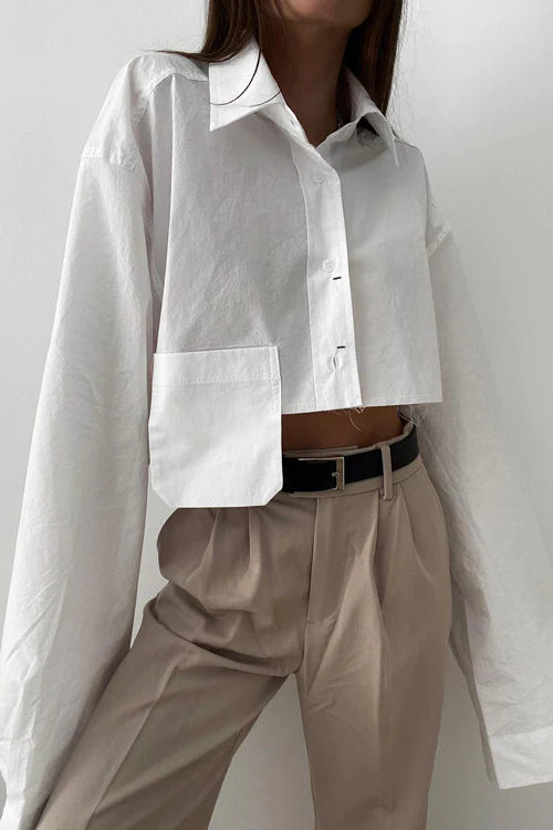 Halle White Cropped Pocket Detail Shirt