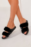 Hana Black Double Strap Faux Fur Sliders