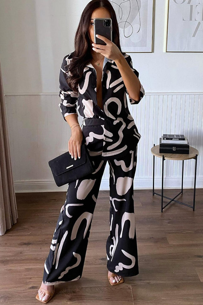 Heather Black Abstract Print Trouser Co Ord