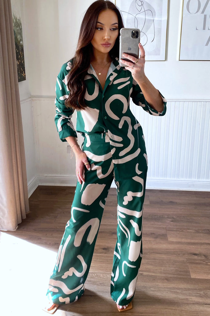 Heather Green Abstract Print Trouser Co Ord