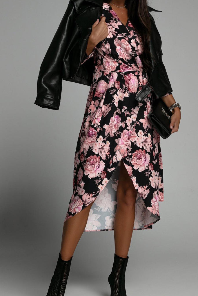 Helen Pink and Black Floral Wrap Over Dress