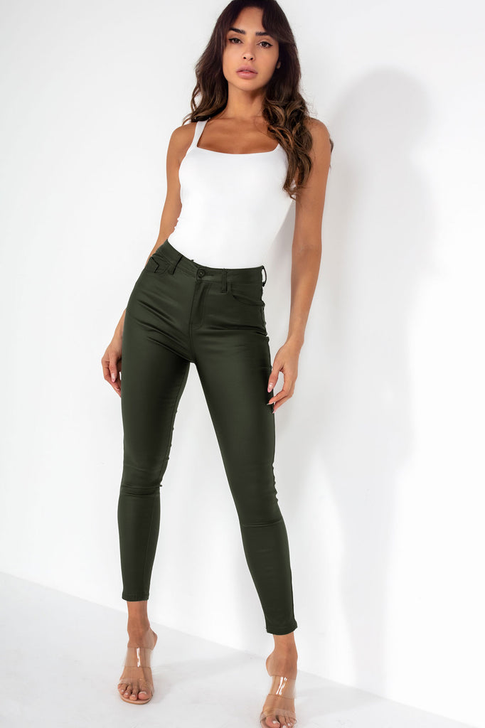 Hunter Khaki Faux Leather High Waist Jeans