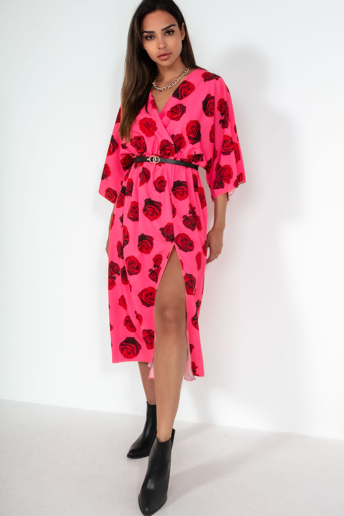 India Pink and Red Rose Print Midi Dress