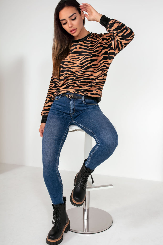 Janis Tan Zebra Print Velour Sweater