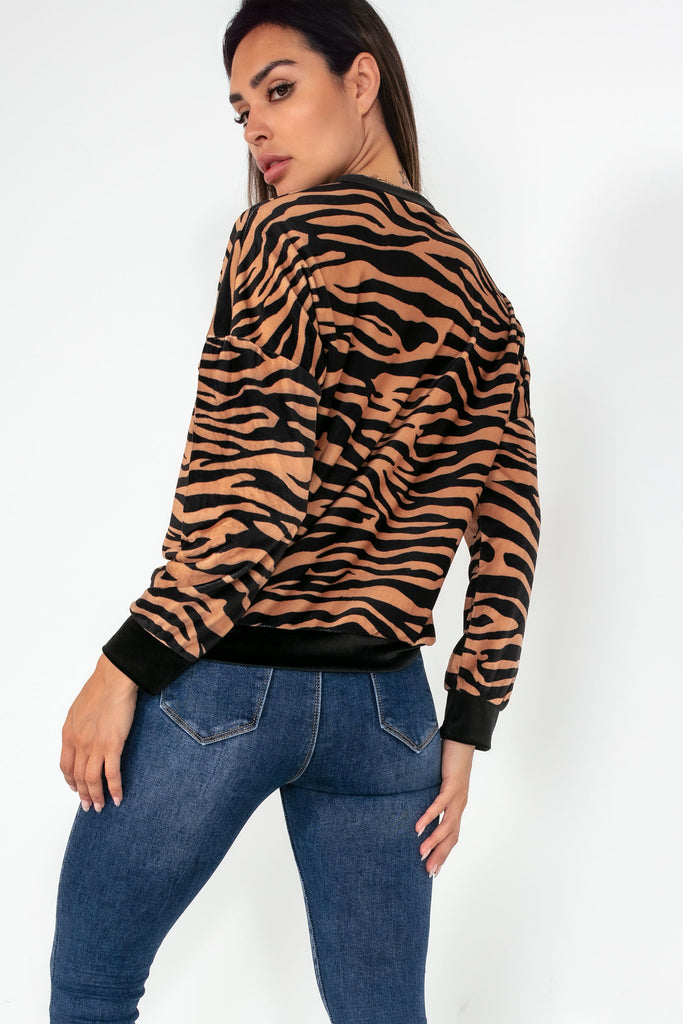 Janis Tan Zebra Print Velour Sweater