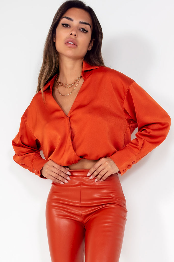 Kacey Orange Sateen Wrap over Blouse