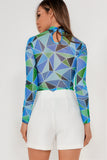 Karen Blue Geometric Print Mesh Bodysuit