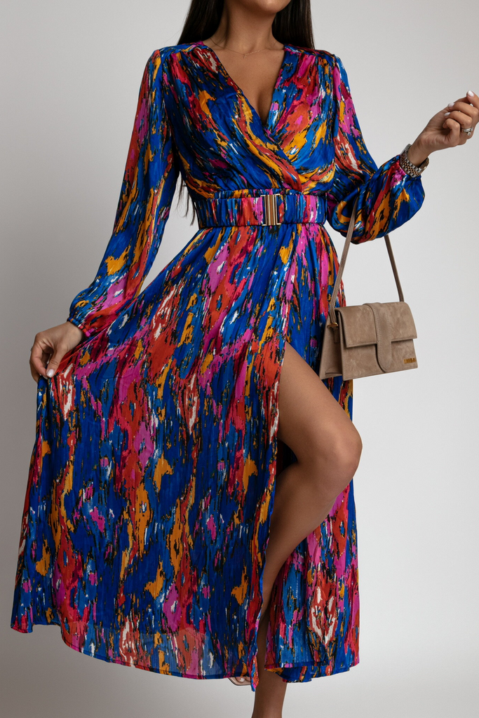 Khloe Blue Satin Printed Wrap Dress