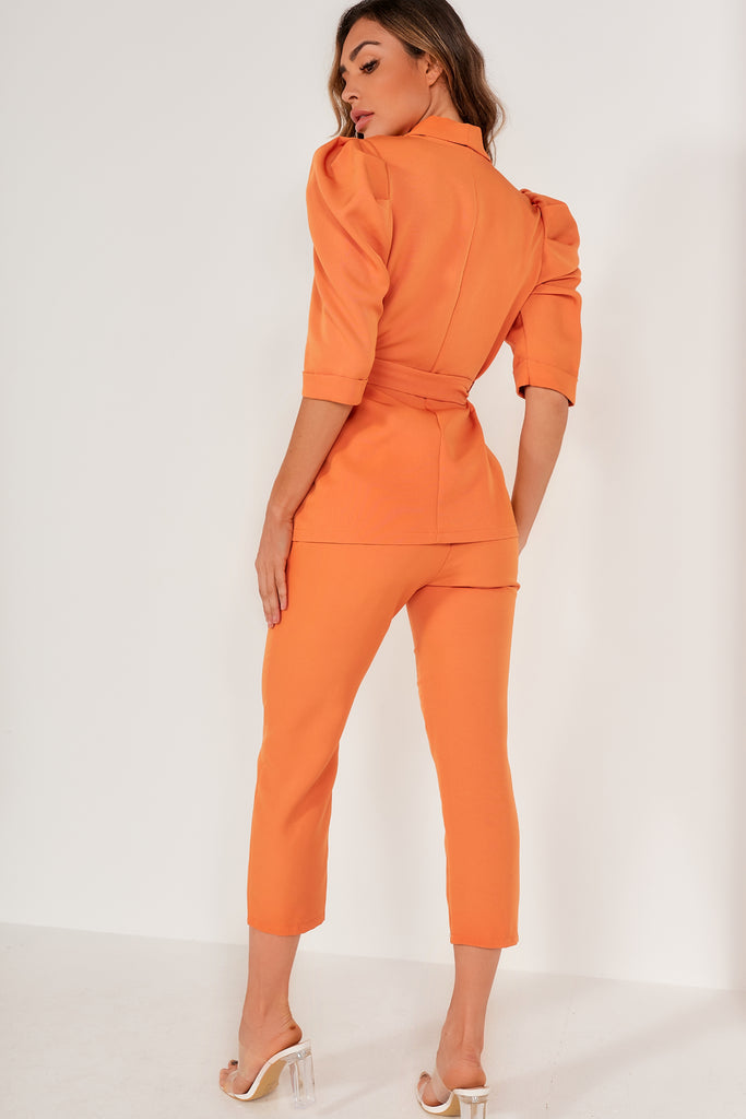 Lana Orange Puff Sleeve Belted Blazer
