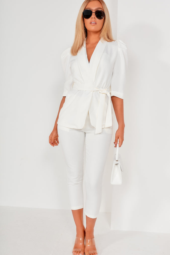 Lana White Puff Sleeve Belted Blazer