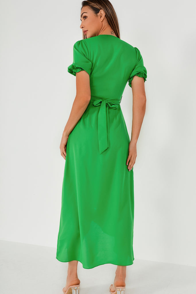 Girl In Mind Leona Green Wrap Over Frill Maxi Dress