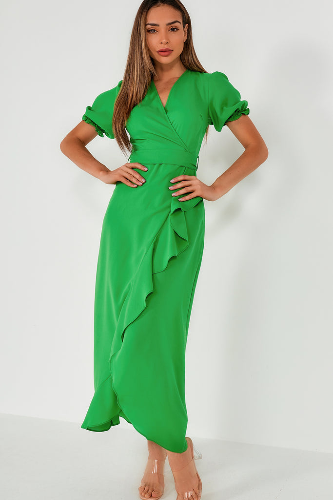 Girl In Mind Leona Green Wrap Over Frill Maxi Dress
