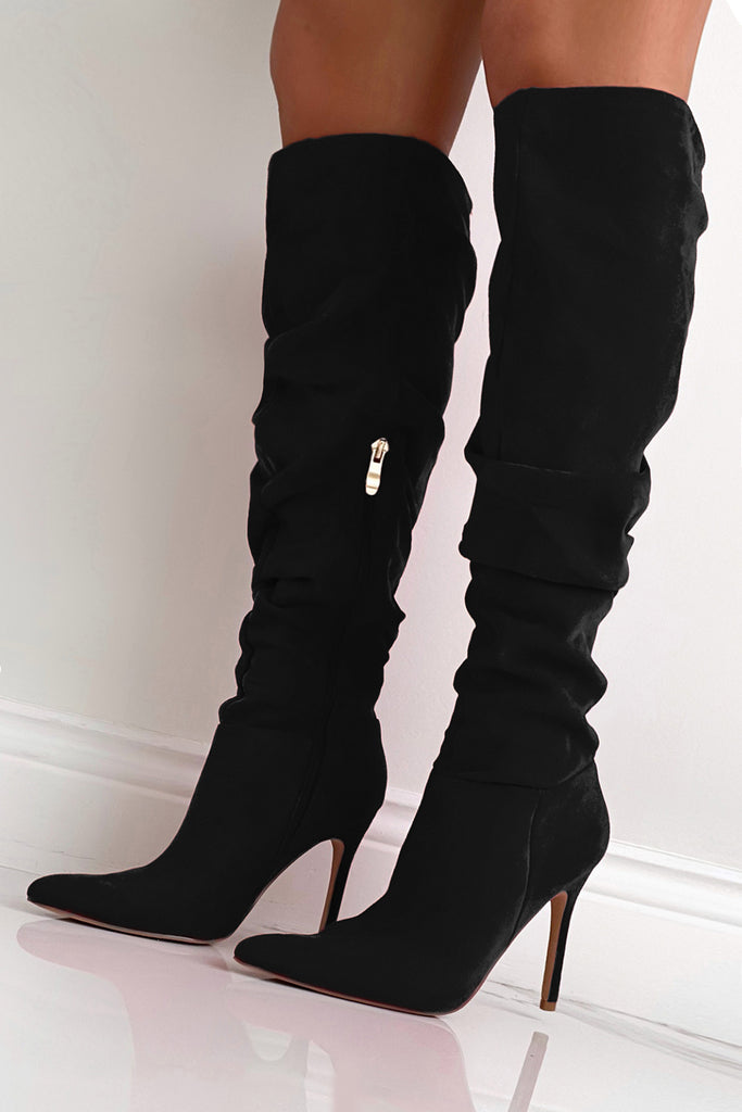 Lola Black Suedette Slouch Knee Boots