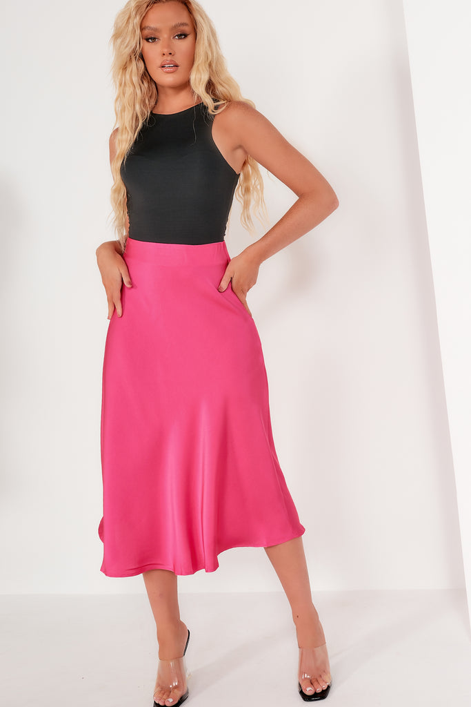 Marci Pink Satin High Waist Midi Skirt