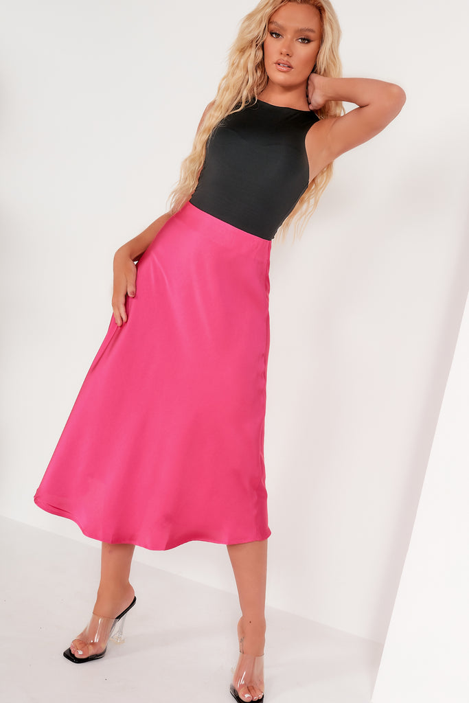 Marci Pink Satin High Waist Midi Skirt