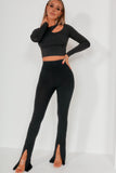 Mavis Black Ribbed Split Hem Trousers