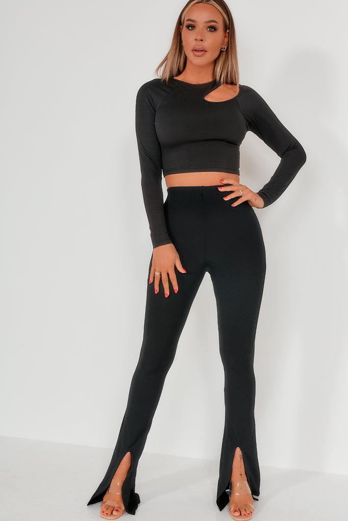 Mavis Black Ribbed Split Hem Trousers