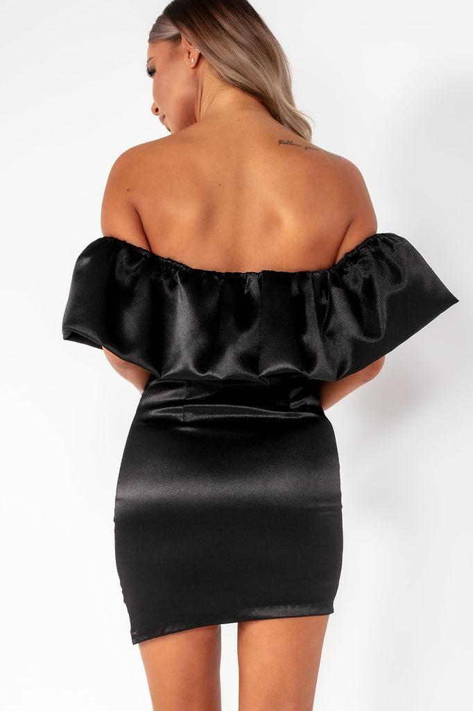 Myra Black Satin Bardot Ruffle Dress