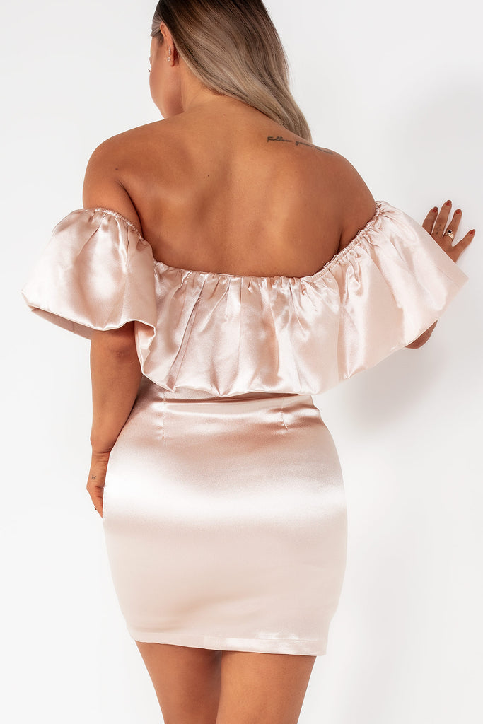 Myra Champagne Satin Bardot Ruffle Dress