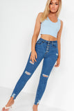 Nadine Blue Ribbed V Neck Crop Top