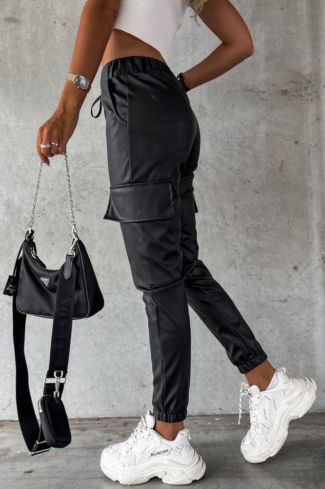 Nailah Black Faux Leather Cargo Trousers