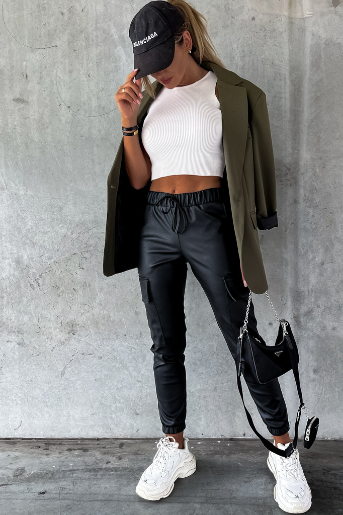 Nailah Black Faux Leather Cargo Trousers