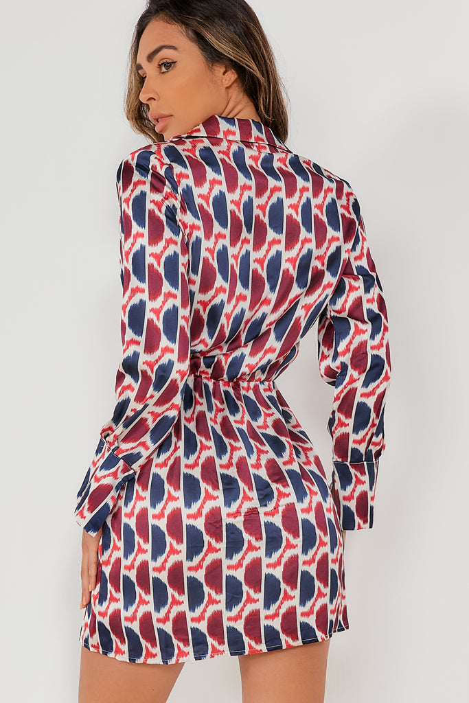 Neveah Red and Navy Satin Printed Shirt Dress