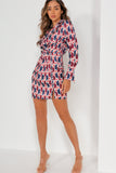 Neveah Red and Navy Satin Printed Shirt Dress