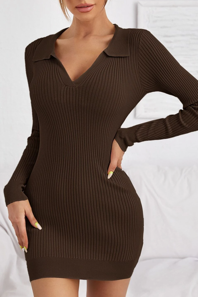 Pamela Chocolate Ribbed Knit Collar Dress