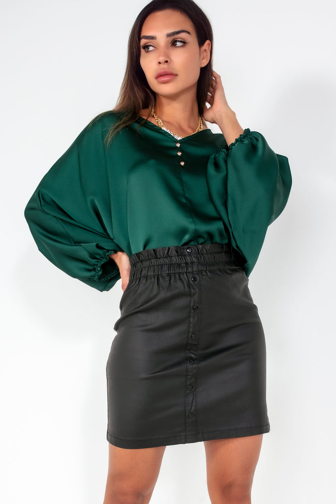 Phoenix Black Faux Leather Button Detail Skirt