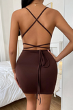 Qahira Chocolate Slinky Ruched Mini Dress