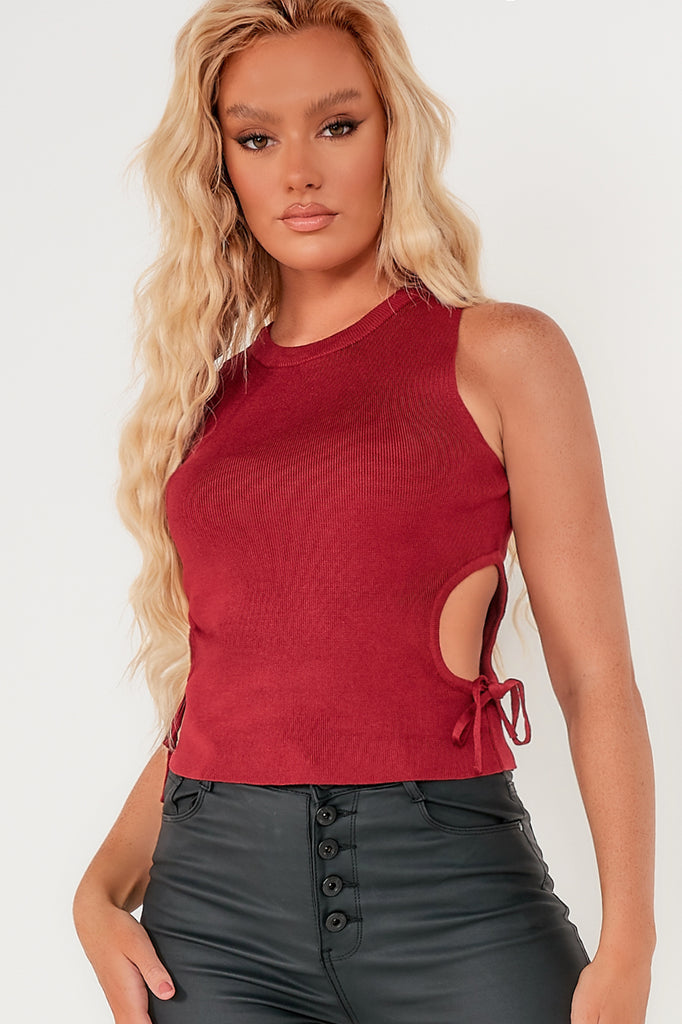 Raylene Wine Knit Cut Out Crop Top