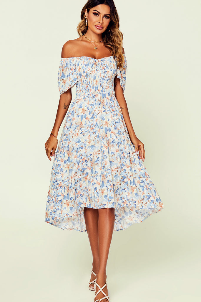 Sierra Blue and White Floral Bardot Dress