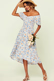 Sierra Blue and White Floral Bardot Dress