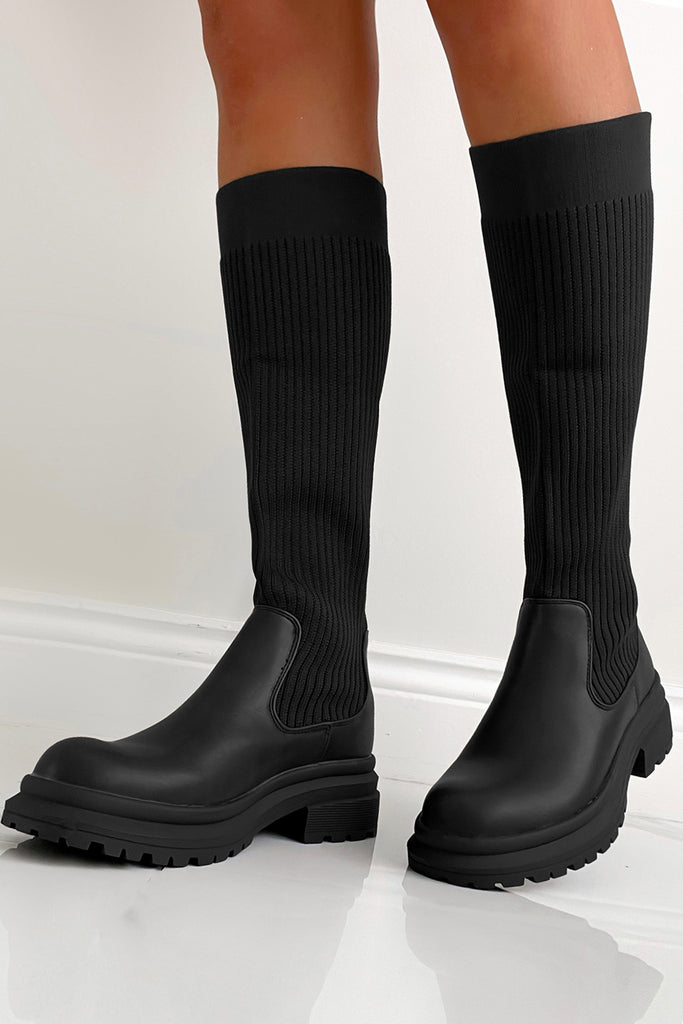 Tilly Black Knitted Knee High Boots