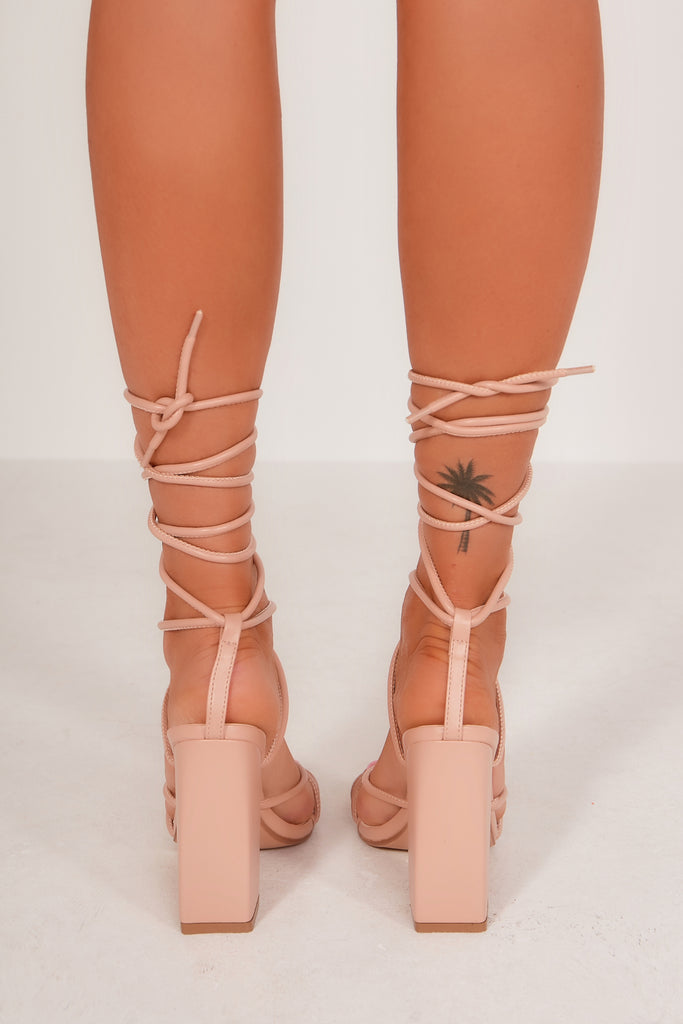 Violette Nude Lace Up Block Heels