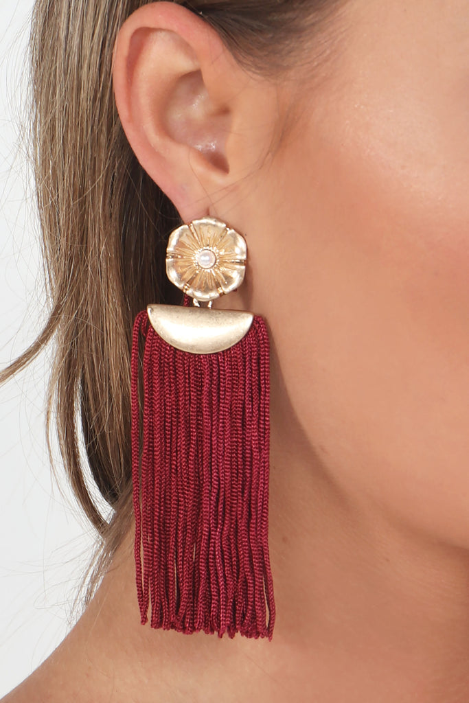 Wine Floral Tassel Earrings (30611275792)