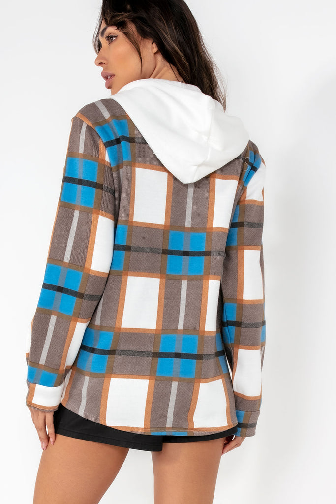 Zoe Blue and Tan Check Hooded Shacket